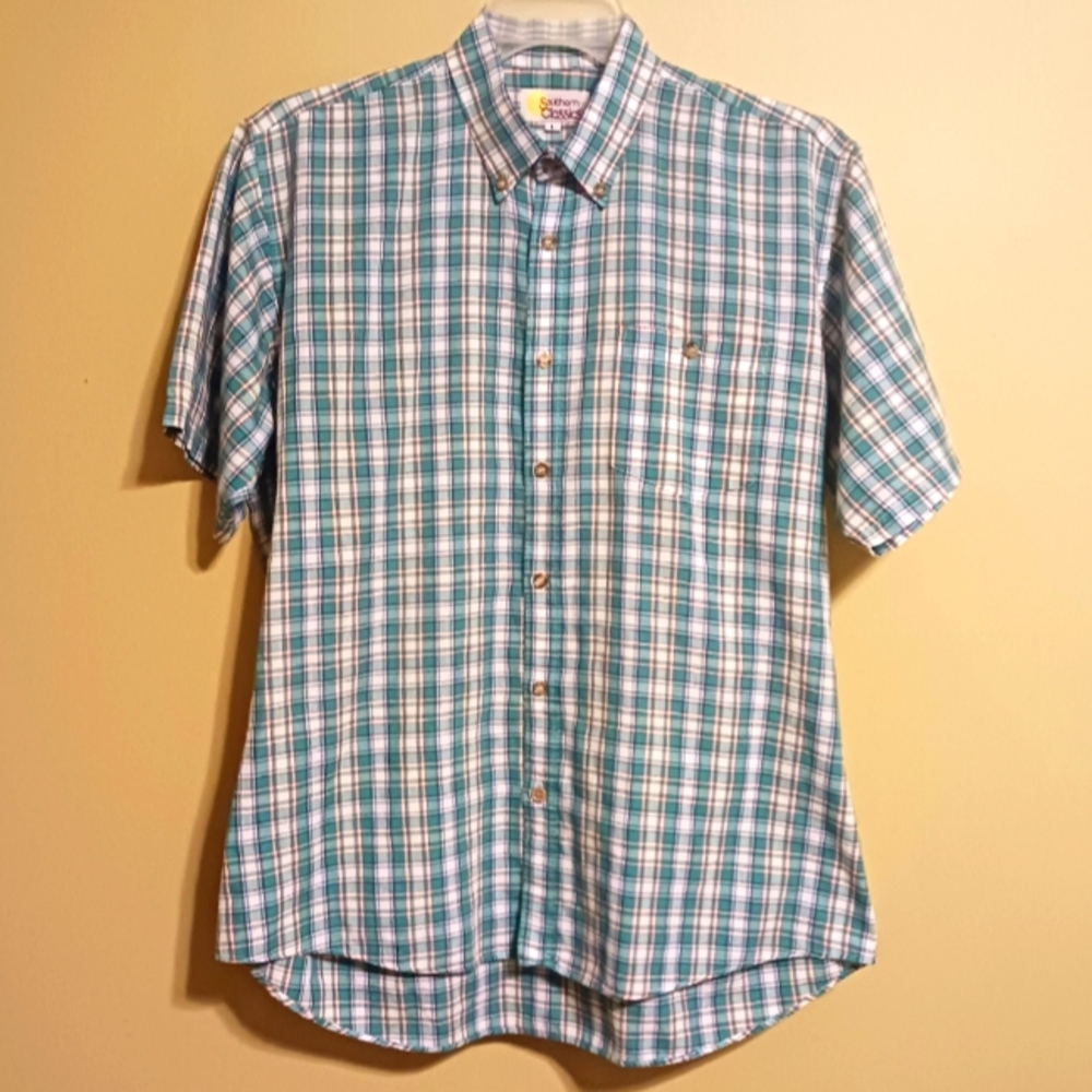 Vintage Southern Classics Men's Large Green Plaid Button Down Pocket S/S Shirt
